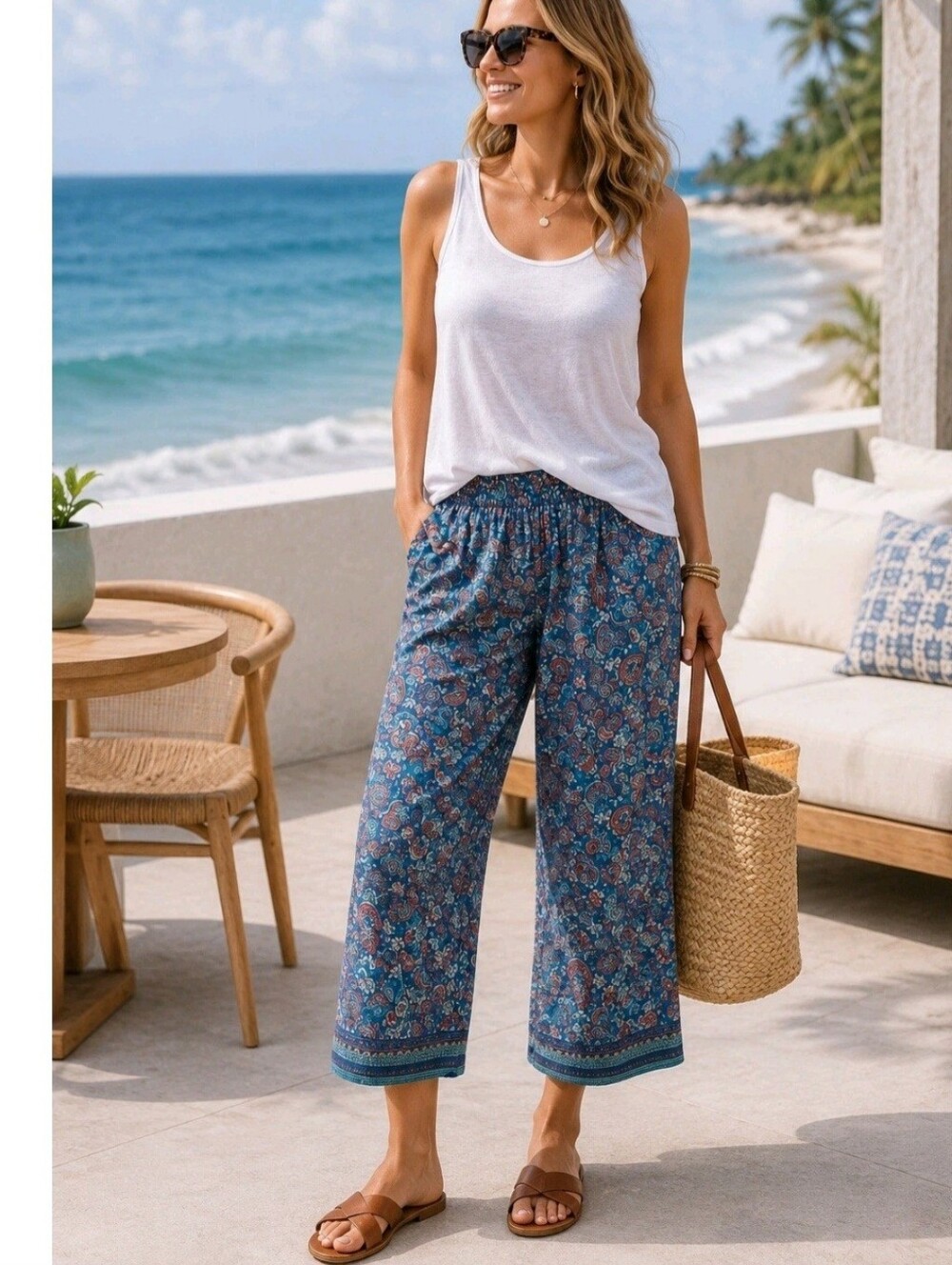 J.Jill Floral Paisley Print Wide Leg Crop Pants Beach Boho Resort Blue Size L